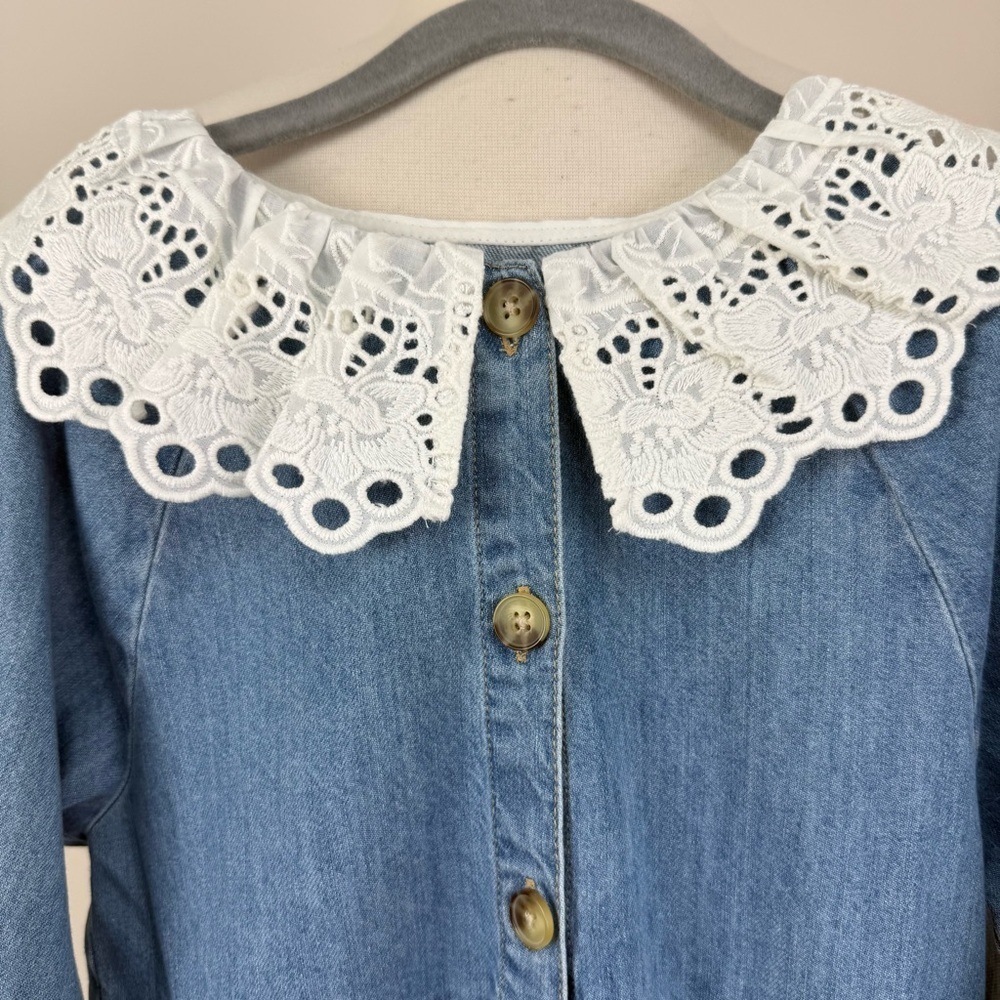 💋Zara Kids Blue Denim Dress with White Lace Collar size 7 - Picture 5 of 7